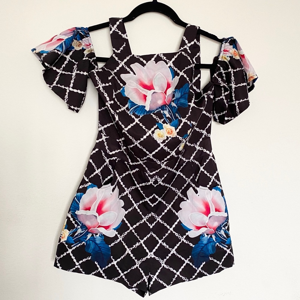 Black White Floral Print Romper